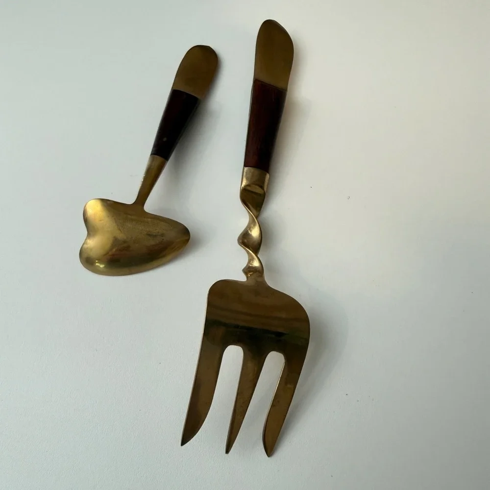 Vintage Siam Brass‎ Wood Salad Serving Set Thai Goddess Twisted Fork Spoon 2pc
